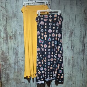 LuLaRoe Yellow Maxi with Navy Medallion Print Overlay